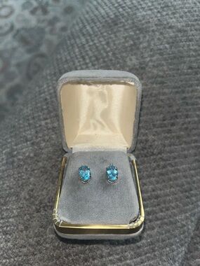 Blue Topaz Oval Stud Earrings in Silver-Tone Setting - Blue